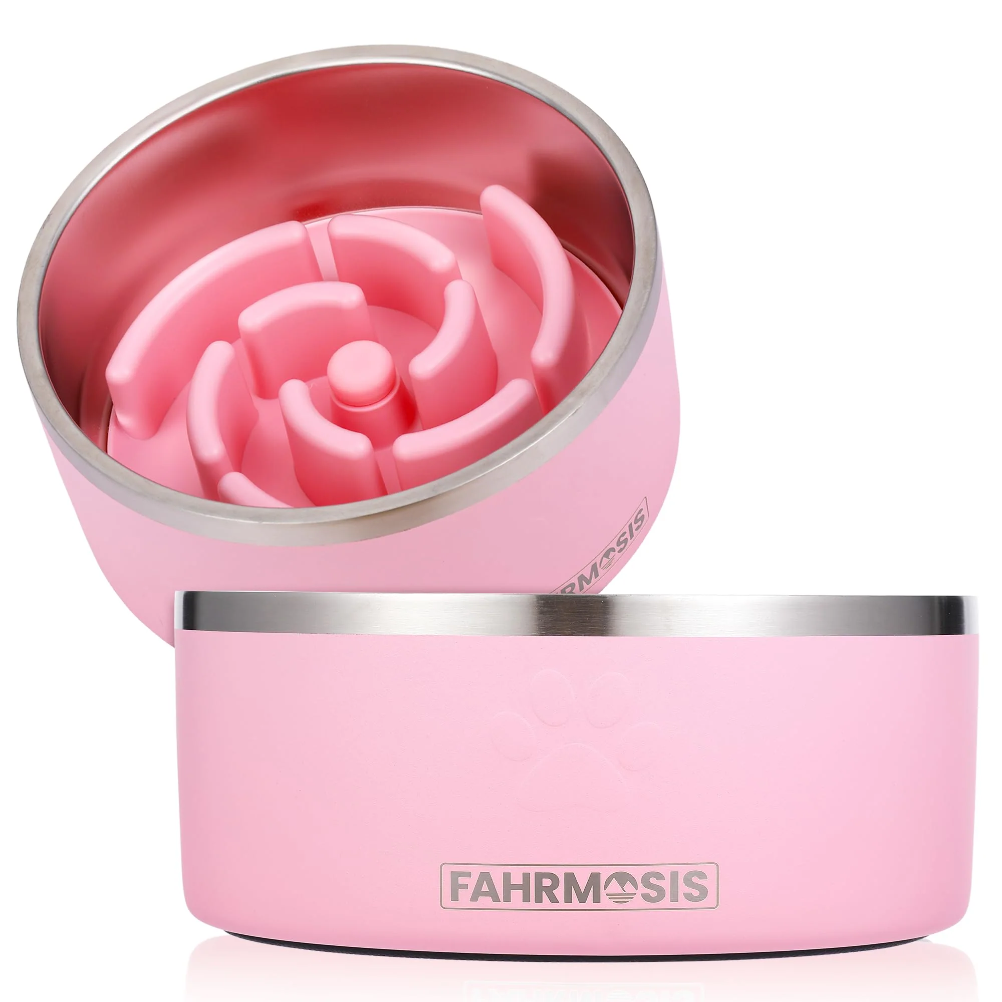 Detailed FAHRMOSIS 64 OZ Dog Bowl with Slow Feeder Insert – Stainless Steel Pink Non-Slip Base Eco-Friendly