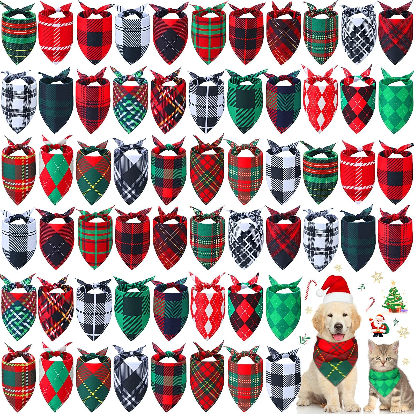 Original Design Sanwuta 60 Pcs Christmas Plaid Dog Bandanas Bulk – Adjustable Washable Pet Kerchiefs for Cats Dogs Classic Crafted