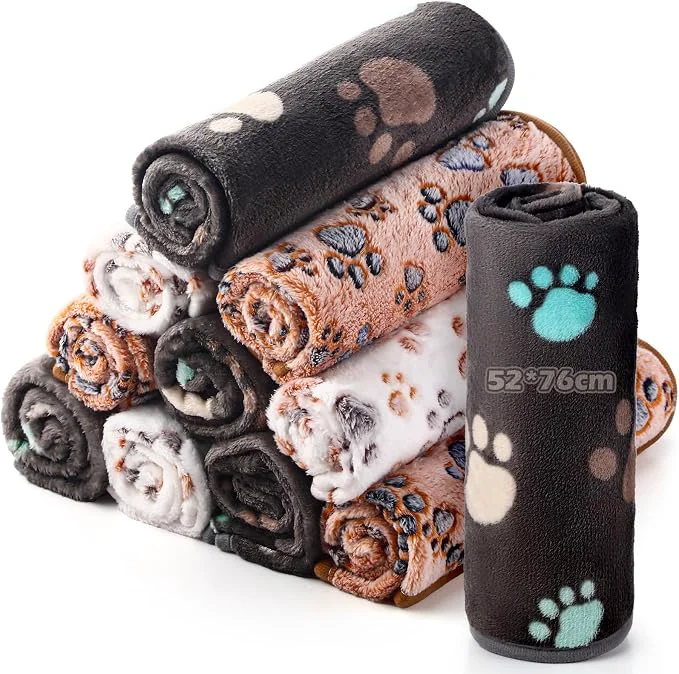 Genuine Tegeme 12 Pcs Pet Blankets Soft Fluffy Fleece Dog Cat Warm Paw Print Pattern Original