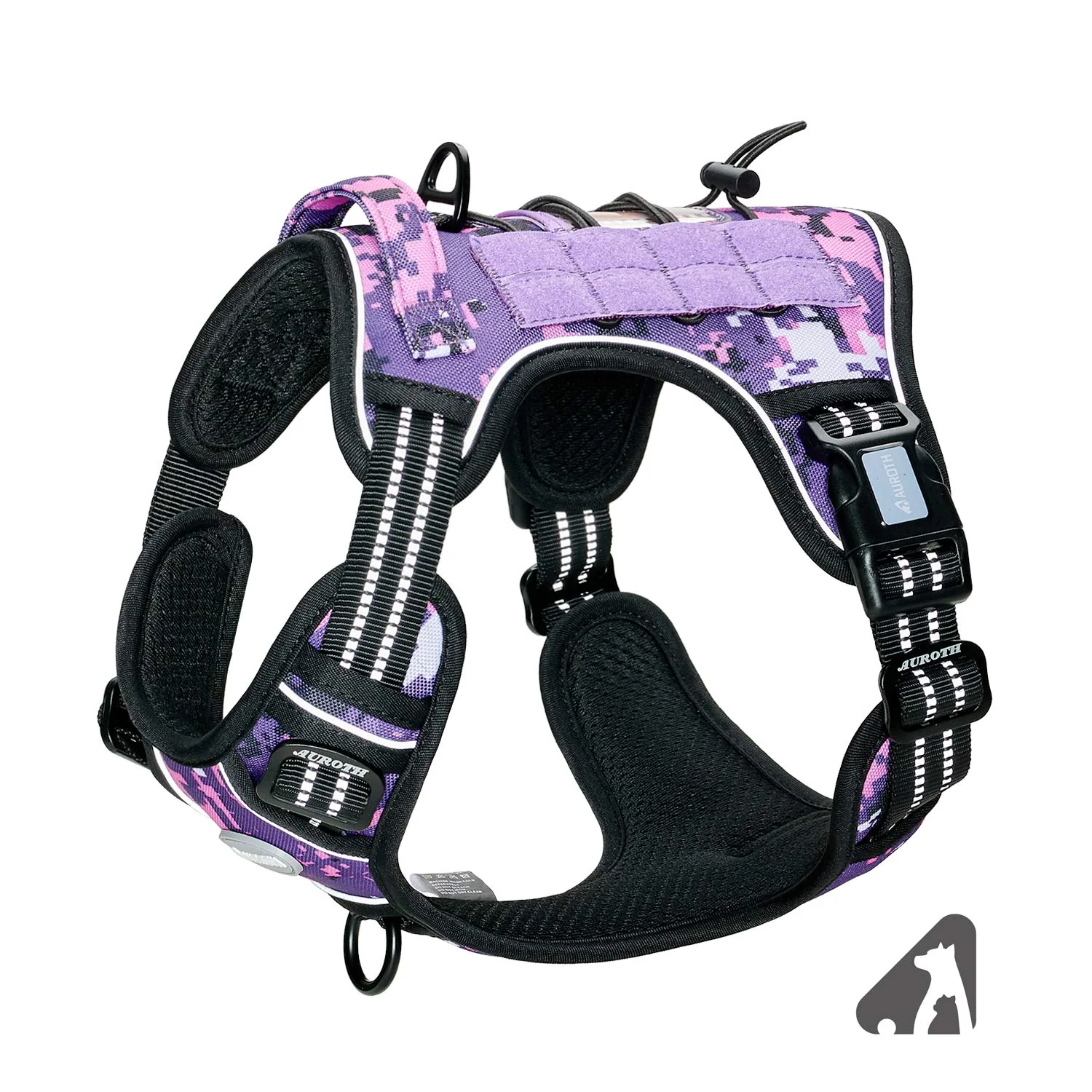 Secure AUROTH Tactical Dog Harness - No-Pull Adjustable Reflective Purple Camo Size S Proven