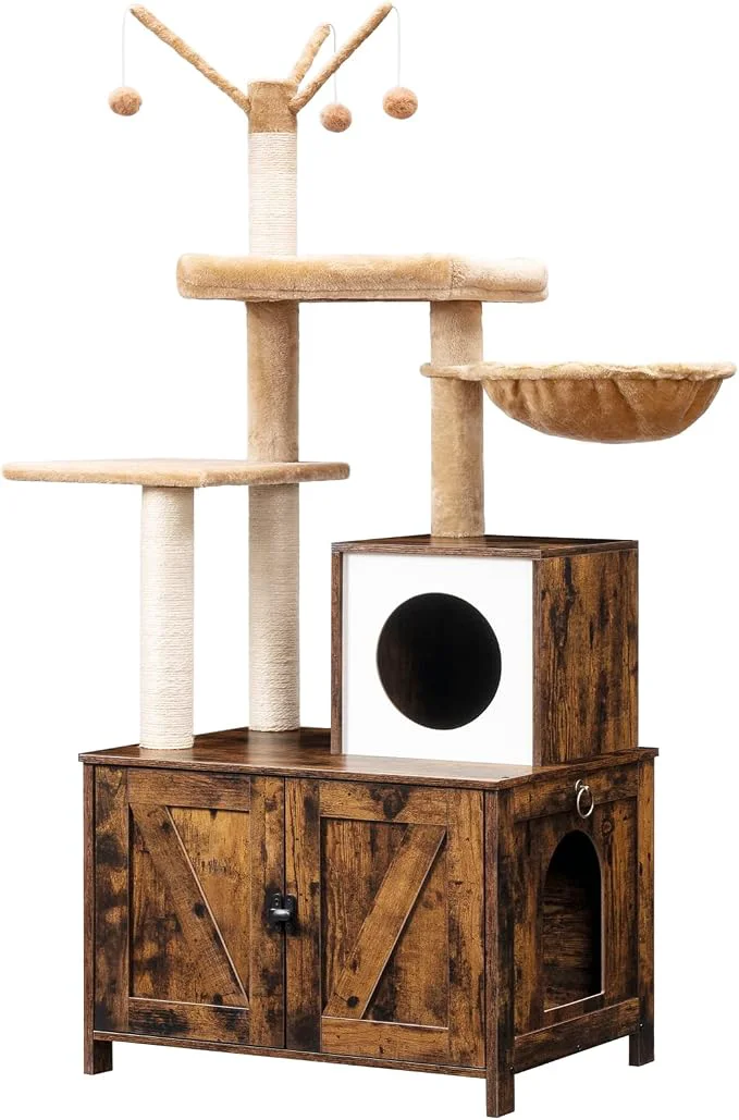 Easy-to-Use HOOBRO Cat Tree with Litter Box Enclosure Genuine