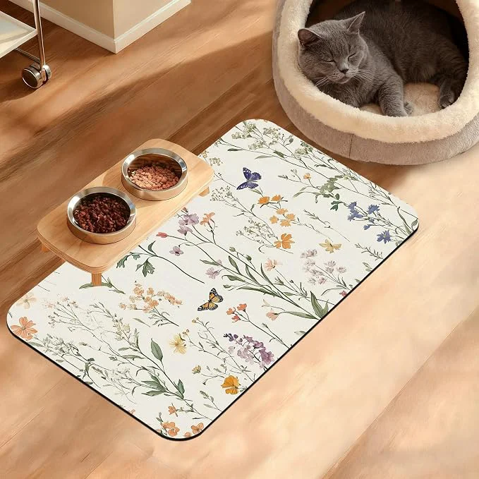 High-Quality Wildflowers Butterfly Dog Cat Food Mat Plants Absorbent Waterproof Placemat High-Performance