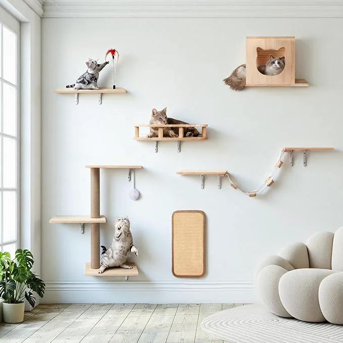 Superior Cat Wall Shelves Solid Wooden Wall-Mounted Cat Furniture Steps and Scratcher Modern