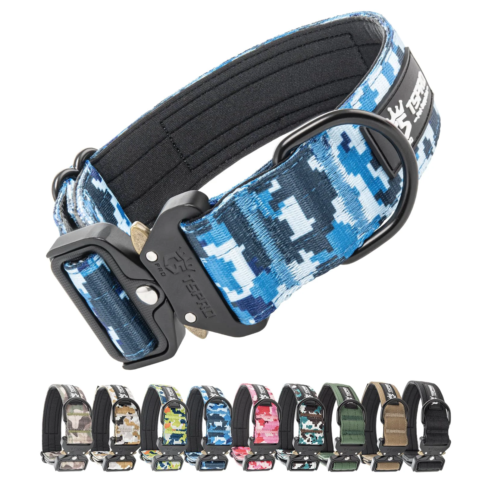 Eco-Friendly TSPRO Premium Tactical Dog Collar with Patch Panel – Heavy-Duty Quick-Release Buckle Camo Blue M Certified