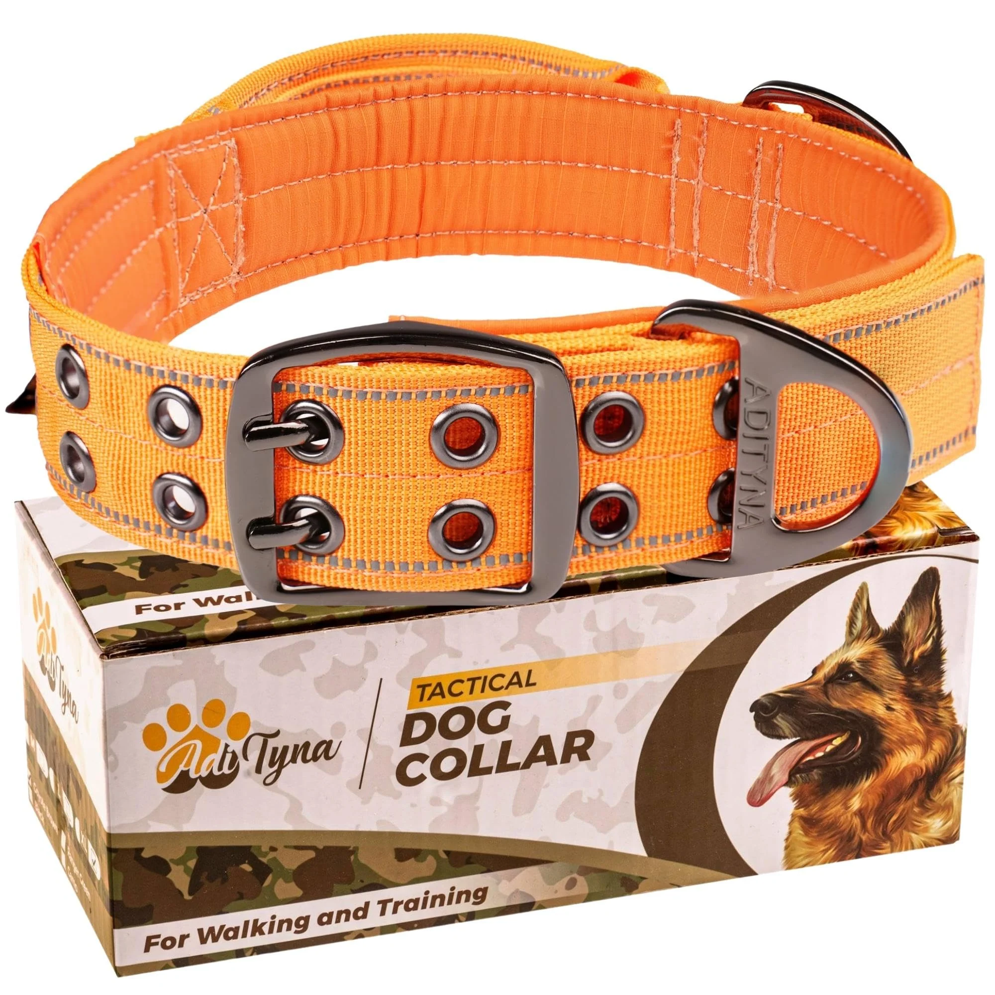 Top-Quality ADITYNA Heavy Duty Dog Collar for Extra-Large Dogs with Handle – Reflective Orange 24–30 in Genuine