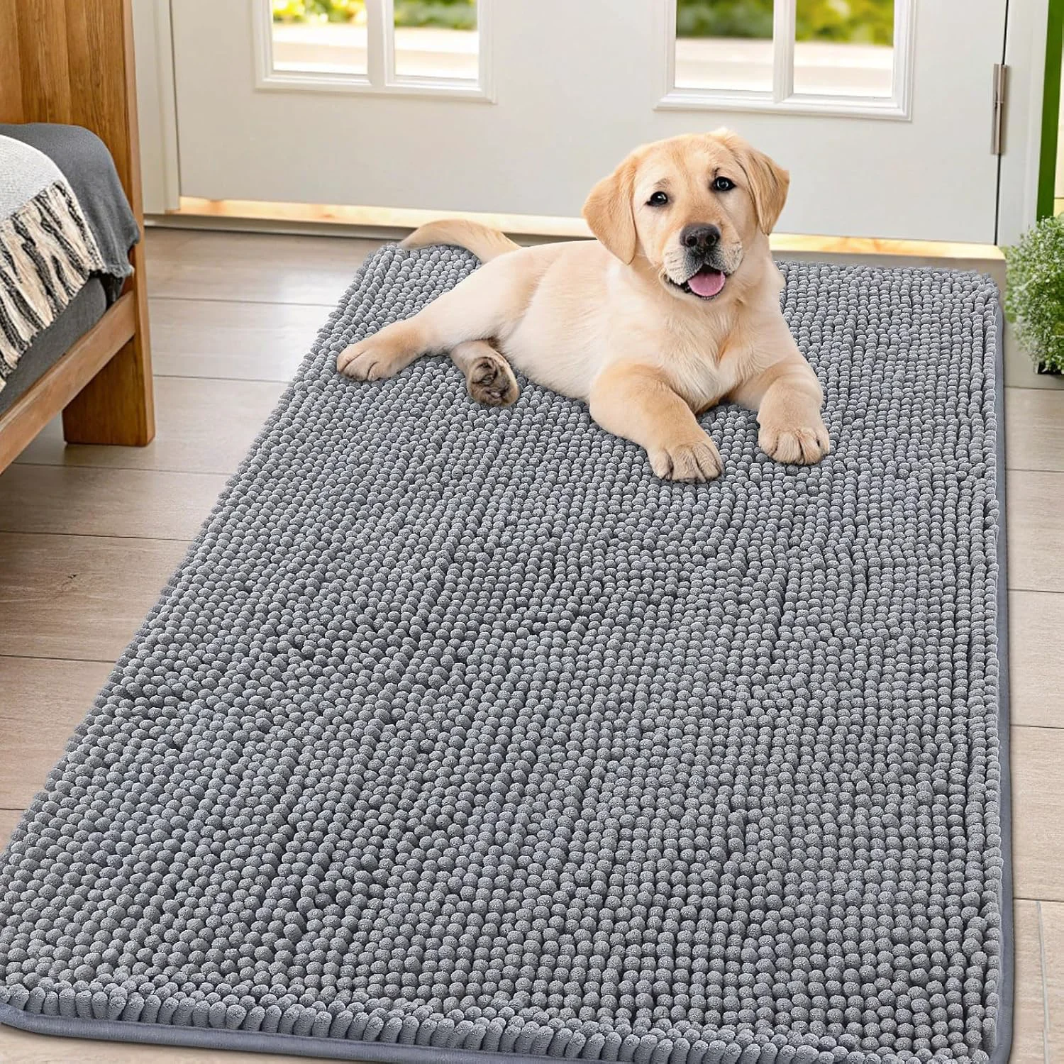 Easy-to-Use Smiry Dog Door Mat for Muddy Paws 47x32 Absorbs Moisture and Dirt Doormat Non-Slip Washable Quick Dry Chenille Front Door Mat Indoor Entrance Entryway Carpet for Inside Floor Grey Authentic