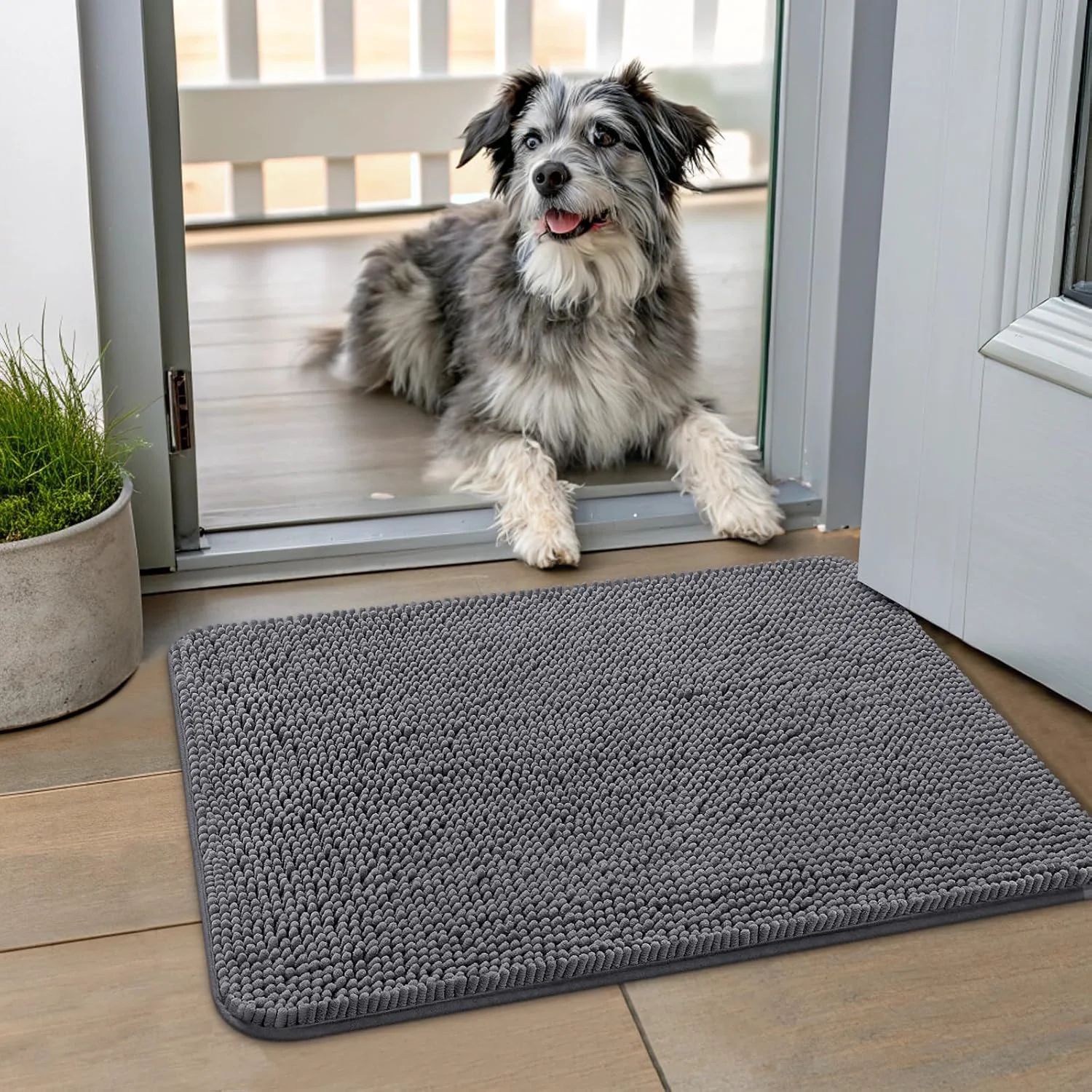 Optimized Smiry Dog Door Mat for Muddy Paws 24x16 Absorbs Moisture and Dirt Doormat Non-Slip Washable Quick Dry Chenille Front Door Mat Indoor Entrance Entryway Carpet for Inside Floor Dark Grey Convenient