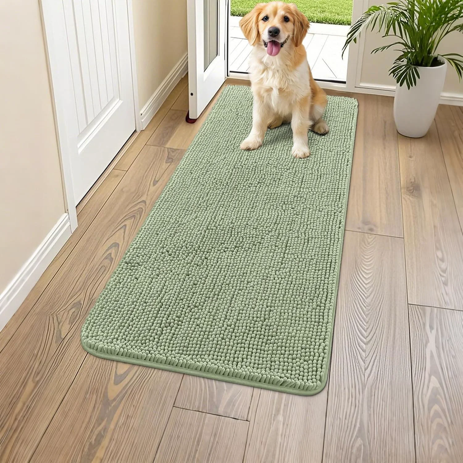 Efficient Smiry Dog Door Mat for Muddy Paws 47x24 Absorbs Moisture and Dirt Doormat Non-Slip Washable Quick Dry Chenille Front Door Mat Indoor Entrance Entryway Carpet for Inside Floor Sage Green Enhanced