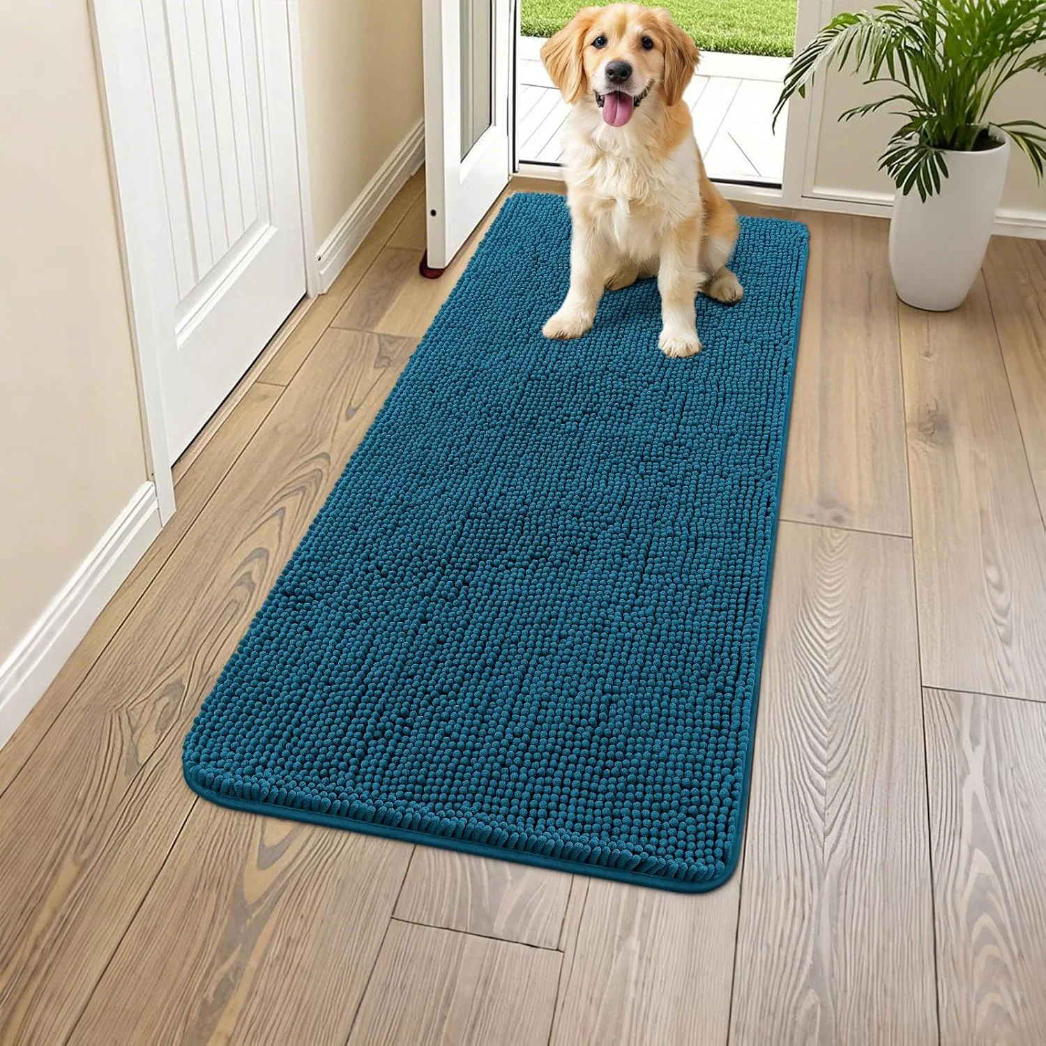Authentic Smiry Dog Door Mat for Muddy Paws 47x24 Absorbs Moisture and Dirt Doormat Non-Slip Washable Quick Dry Chenille Front Door Mat Indoor Entrance Entryway Carpet for Inside Floor Atlantic Blue Modern