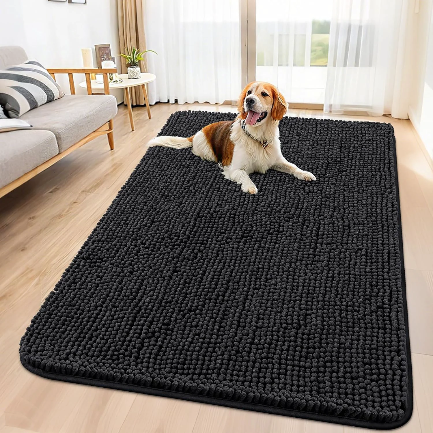 Superior Smiry Dog Door Mat for Muddy Paws 59x35 Absorbs Moisture and Dirt Doormat Non-Slip Washable Quick Dry Chenille Front Door Mat Indoor Entrance Entryway Carpet for Inside Floor Black Durable
