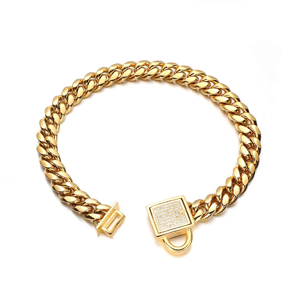 Practical AIYIDI Gold 10mm Cuban Link Dog Collar – 316L Stainless Steel CZ Diamond Lock 20inch Quality