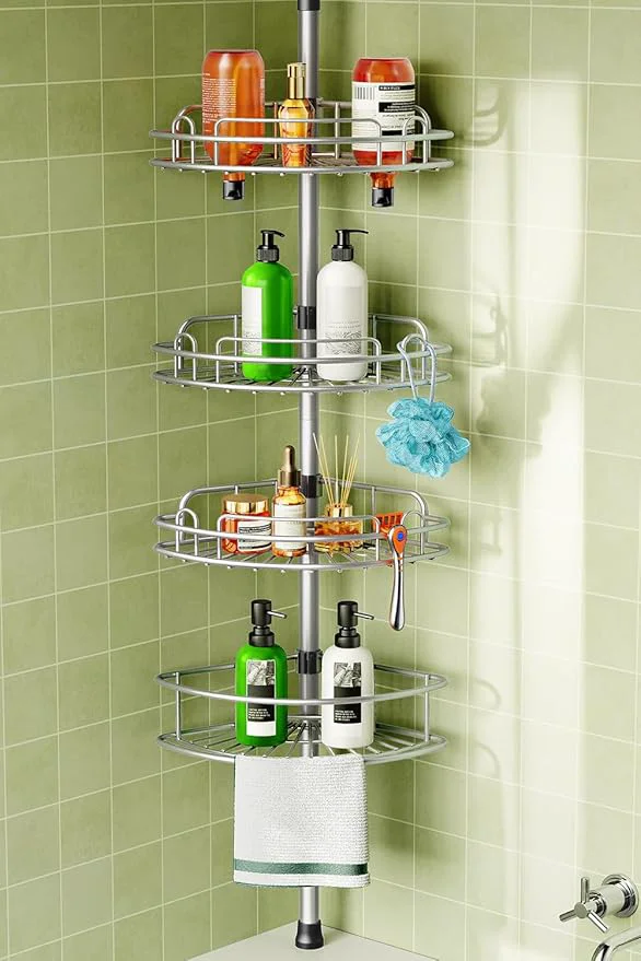Specialty HAMITOR Corner Shower Caddy Tension Pole 4-Tier Rust-Resistant Adjustable Bathroom Organizer Shelves - 47-121 Inch No-Drill Quick Installation - Space-Saving Storage for Renters Family - Silver GrayAbout ThisOverview High-Performance