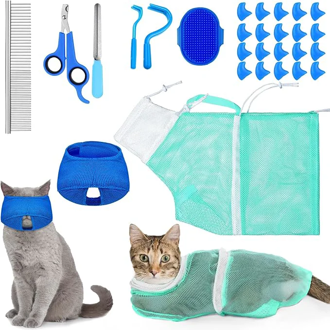 Exclusive 9 Pcs Cat Bathing Bag Set Cat Shower Bag Anti Bite and Scratch Eco-Friendly