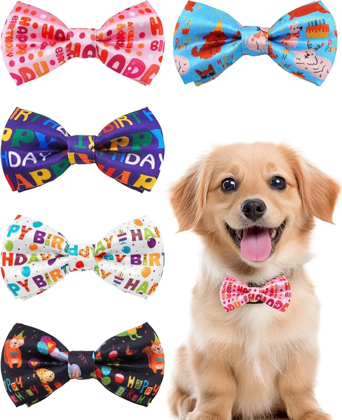 Solid PET SHOW 5 Pack Happy Birthday Small Dog Bow Ties Sliding Collar Attachment Certified