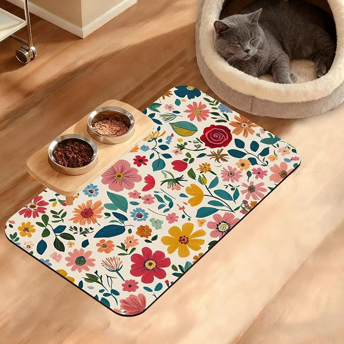 Organic Colorful Flower Feeding Mat Groovy Wildflowers Absorbent Quick-Dry Cat Dog Genuine