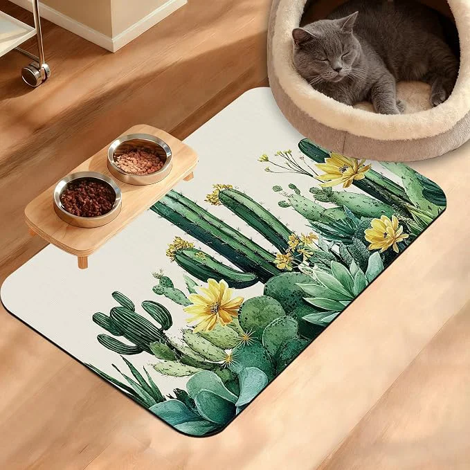 Stylish Tropical Cactuses Feeding Mat Blooming Succulents Absorbent Quick-Dry Cat Dog High-End