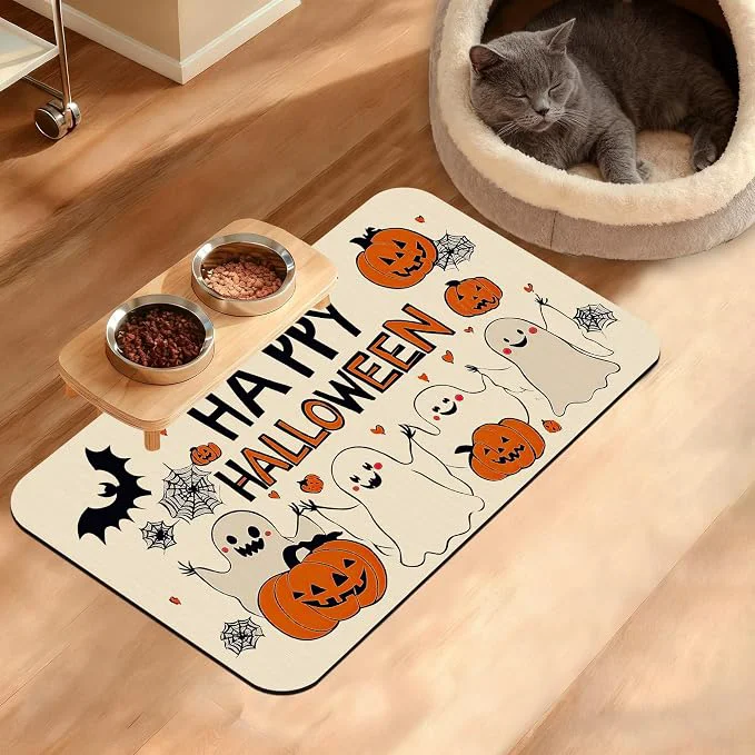Smooth Pumpking Bat Dog Cat Food Mat Halloween Absorbent Waterproof Placemat Authentic