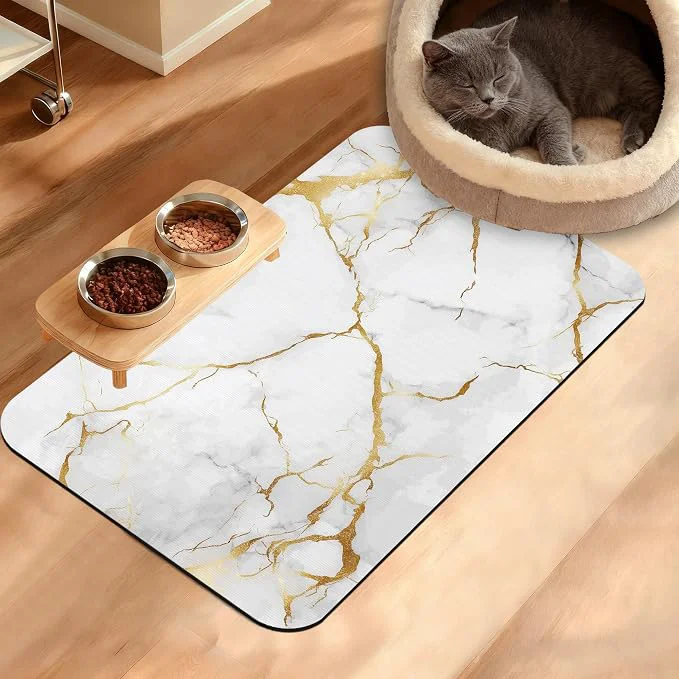Eco-Friendly Abstract Marble Dog Food Mat Quick Dry Dog Placemat Non Slip Rubber Backing Refined