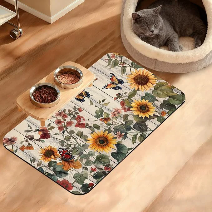 Excellent Pet Feeding Mat Vintage Flower Absorbent Dog Cat Food Mat Rustic Wooden Dog Mat Verified