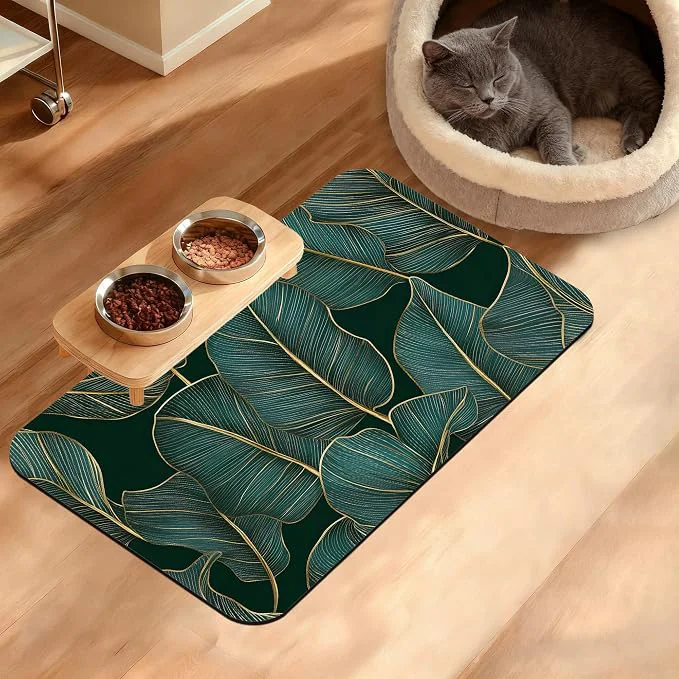 Sustainable Tropical Palm Feeding Mat Non-Slip Rubber Backing Mat Cat Dog Accessories Minimalist