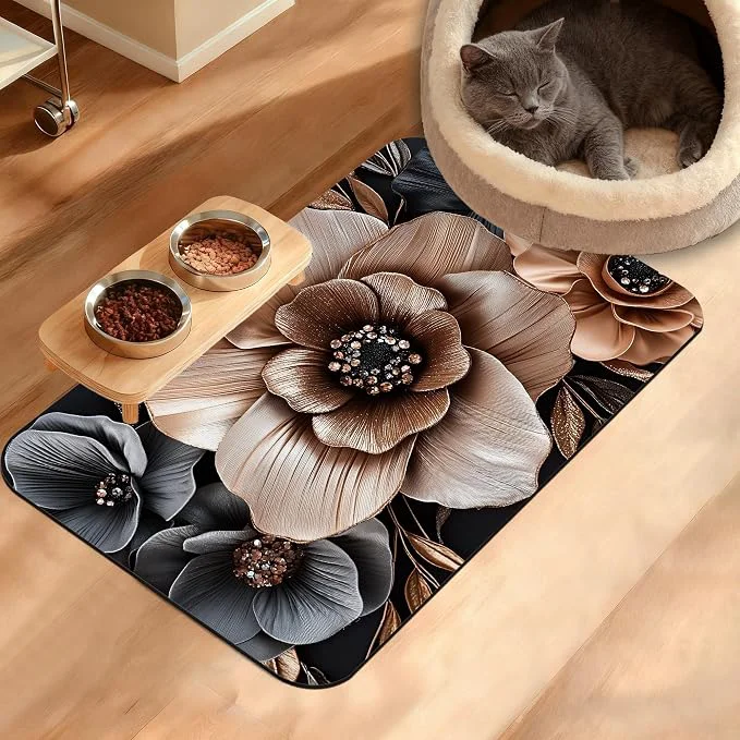 Professional Black Brown Flower Feeding Mat Artistic Absorbent Quick-Dry Cat Dog Food and Elite