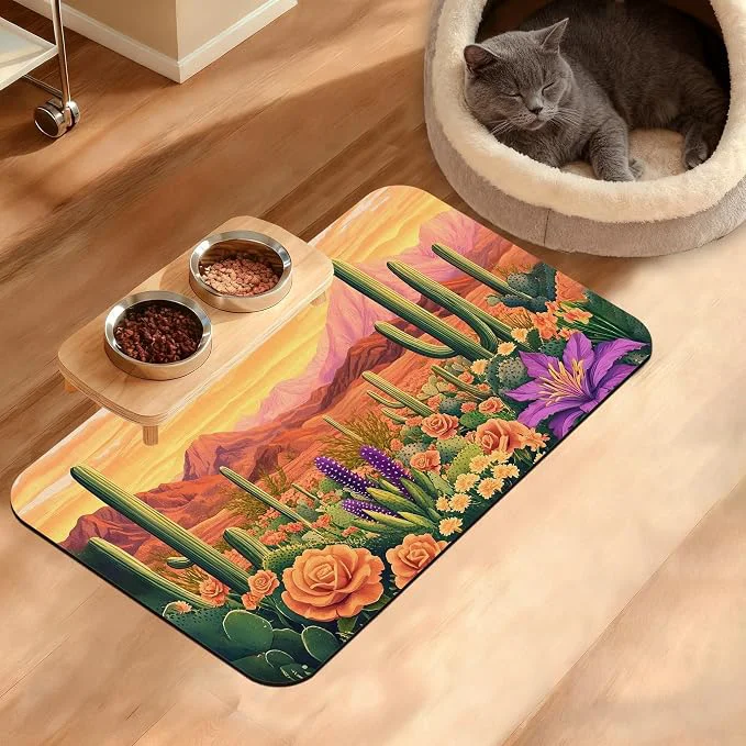 Artisan Pet Feeding Mat Cactus Absorbent Dog Cat Food Mat Desert Dog Mat High-Quality
