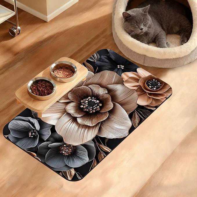 Comfortable Black Brown Flower Feeding Mat Artistic Absorbent Quick-Dry Cat Dog Food and Long-Lasting