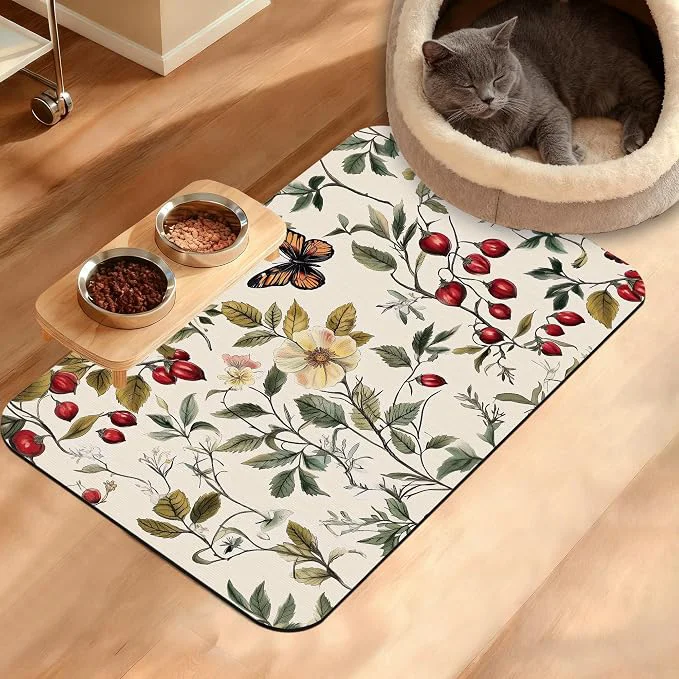 Premium Butterfly Flower Dog Food Mat Vintage Berry Absorbent Pet Feeding Mat Smart