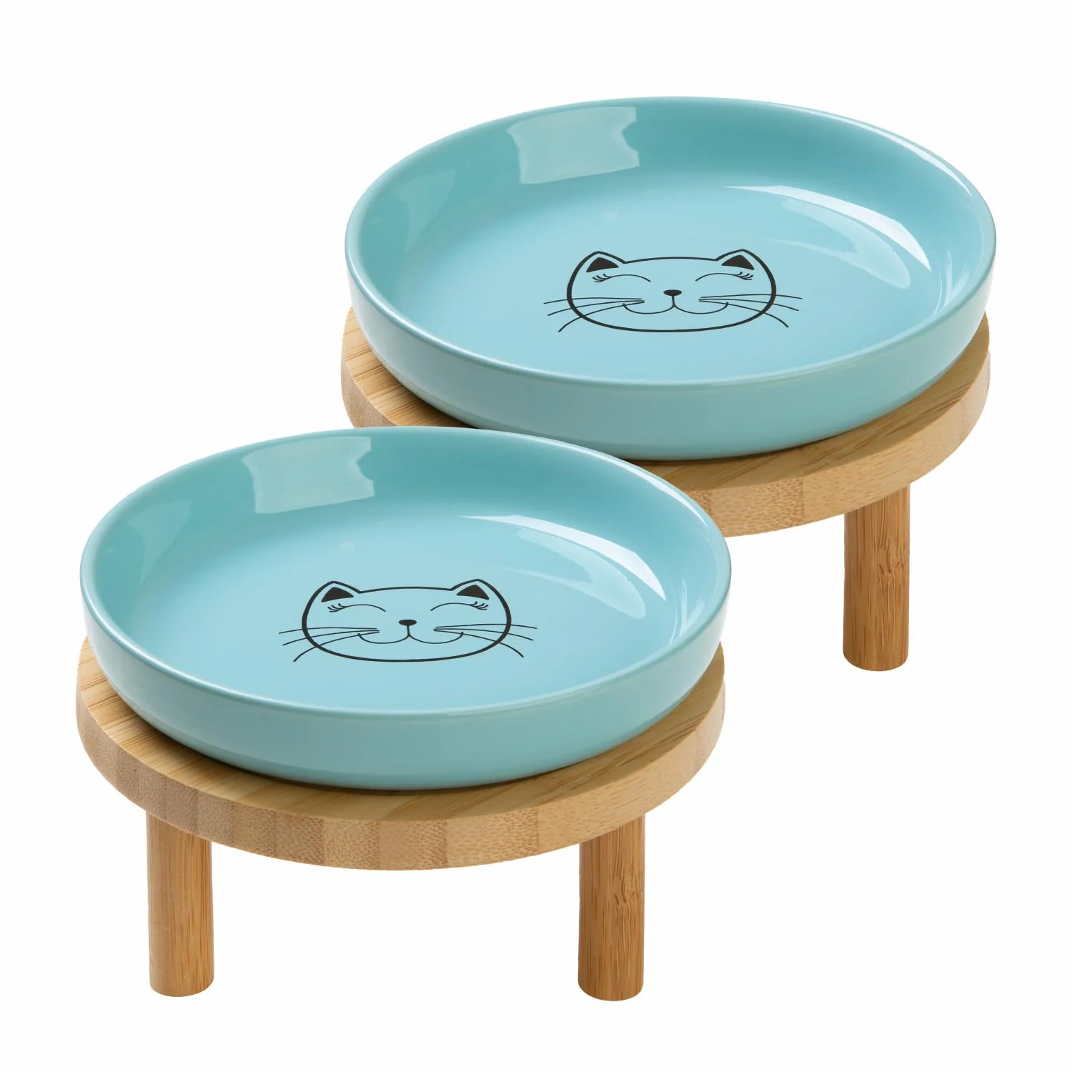 Elite Lusifaco Shallow d Cat Bowls – 5.9-inch Wide Ceramic Dishes with Bamboo Stand Set of 2 Eco-Friendly