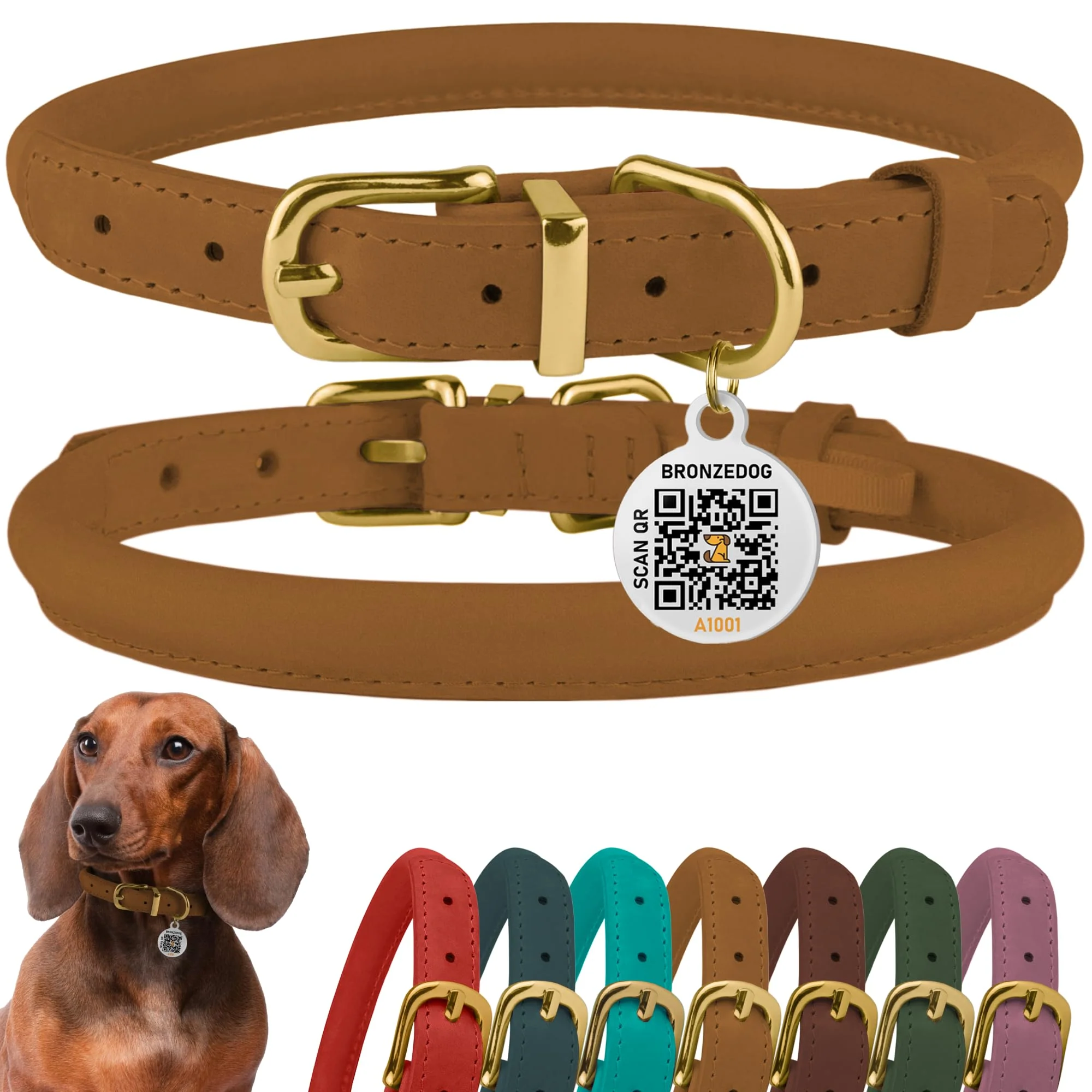 Modern BronzeDog Rolled Leather Dog Collar with QR ID Tag Adjustable 14-16 Neck 5 8 Wide Light Brown Classic