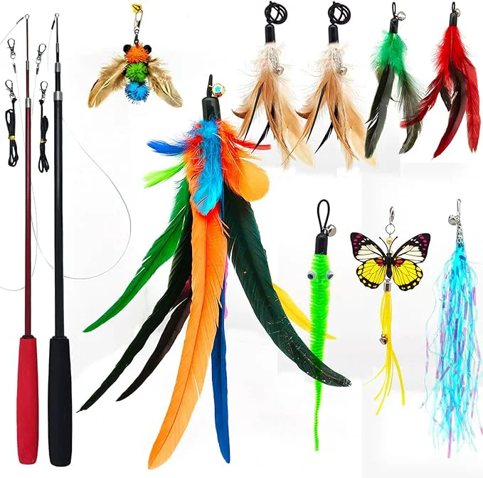 Eco-Friendly Cat Toys Interactive for Indoor Cats Fishing Pole Toy Retractable Cat Wand Powerful