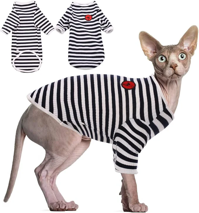 Selected DENTRUN Hairless Cats Shirt Breathable Cat Daily Wear Clothes Stripe Vest Secure