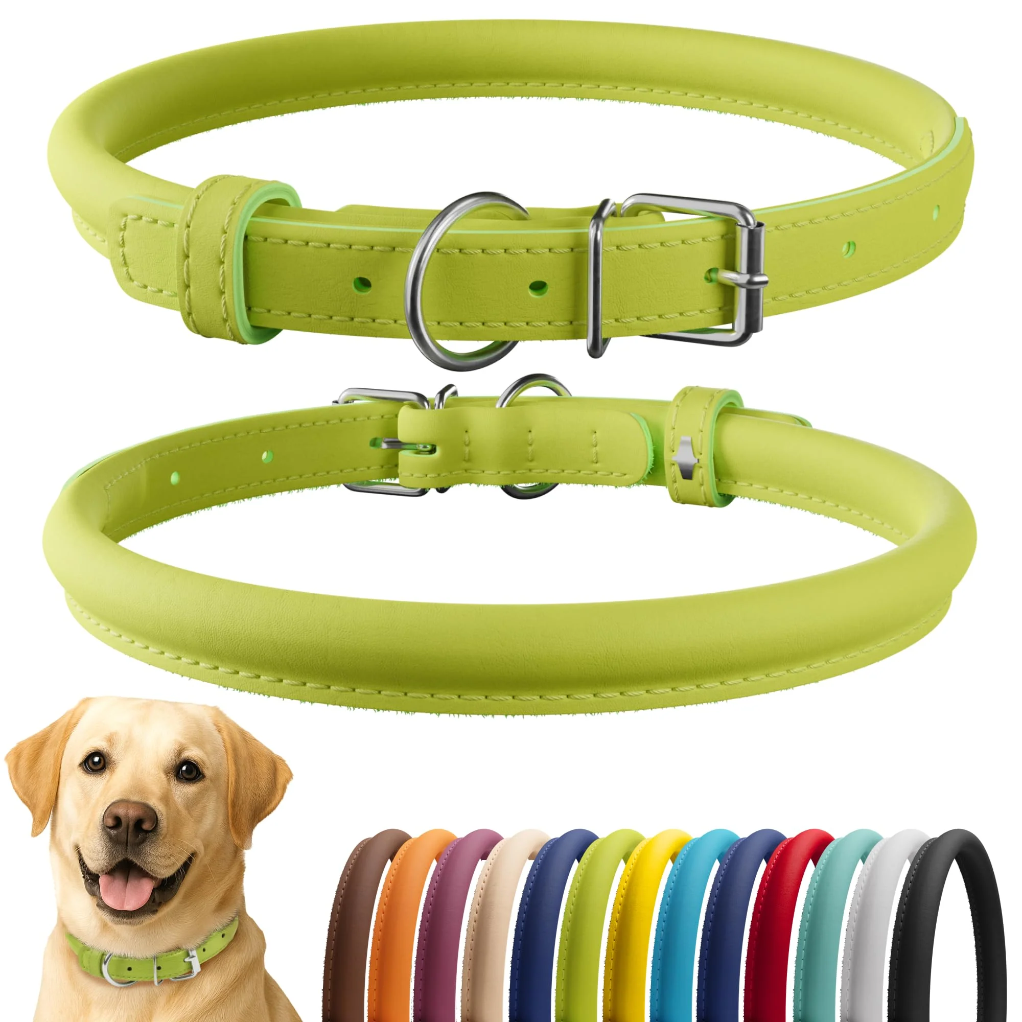 Exclusive CollarDirect Rolled Leather Dog Collar - Soft Padded Leather Lime Green Smooth 18-22 in Authentic