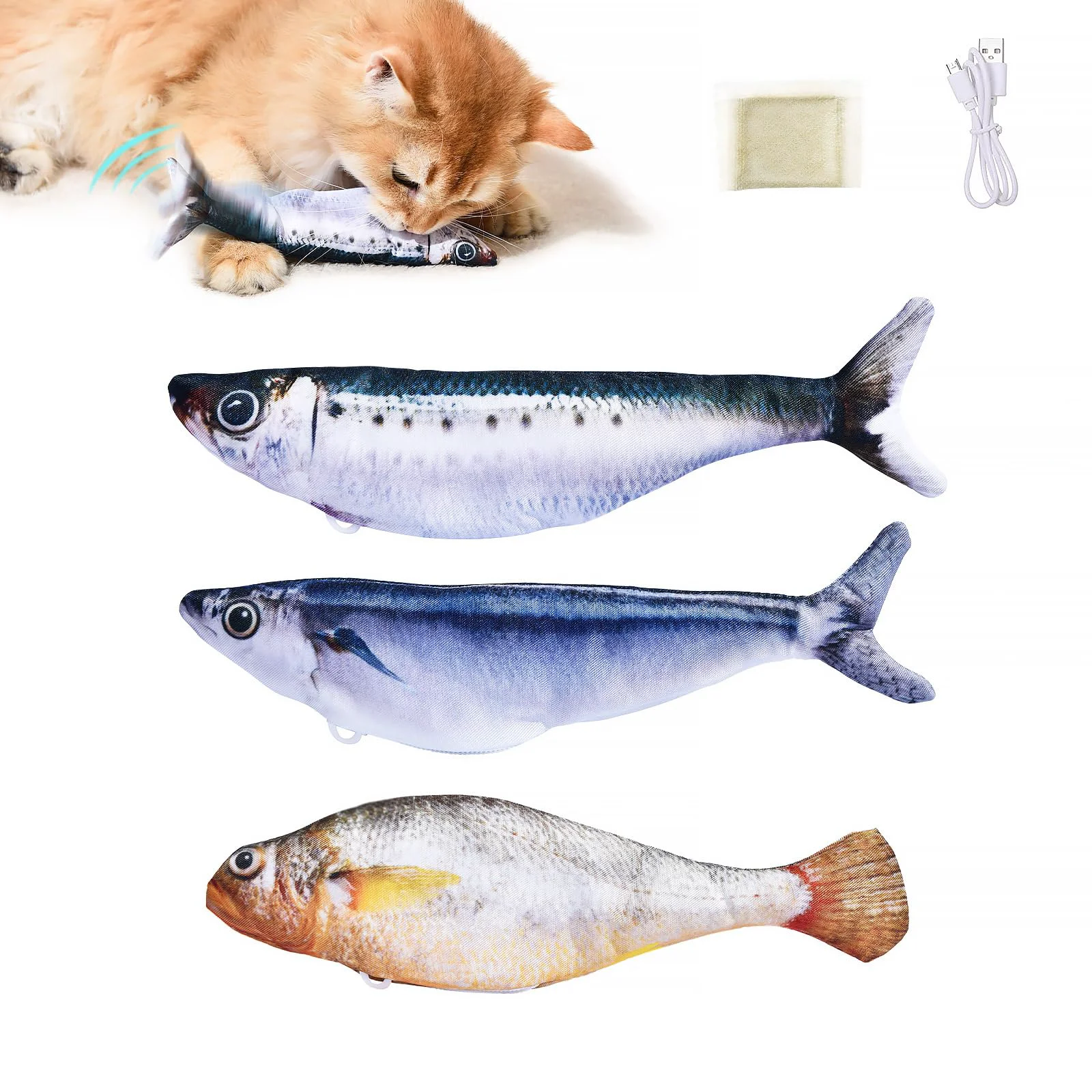 Stylish Petgravity Bite-Sized istic Flopping Fish Cat Toys — 3 Pack Tap-Activated USB Rechargeable Catnip Included Sophisticated