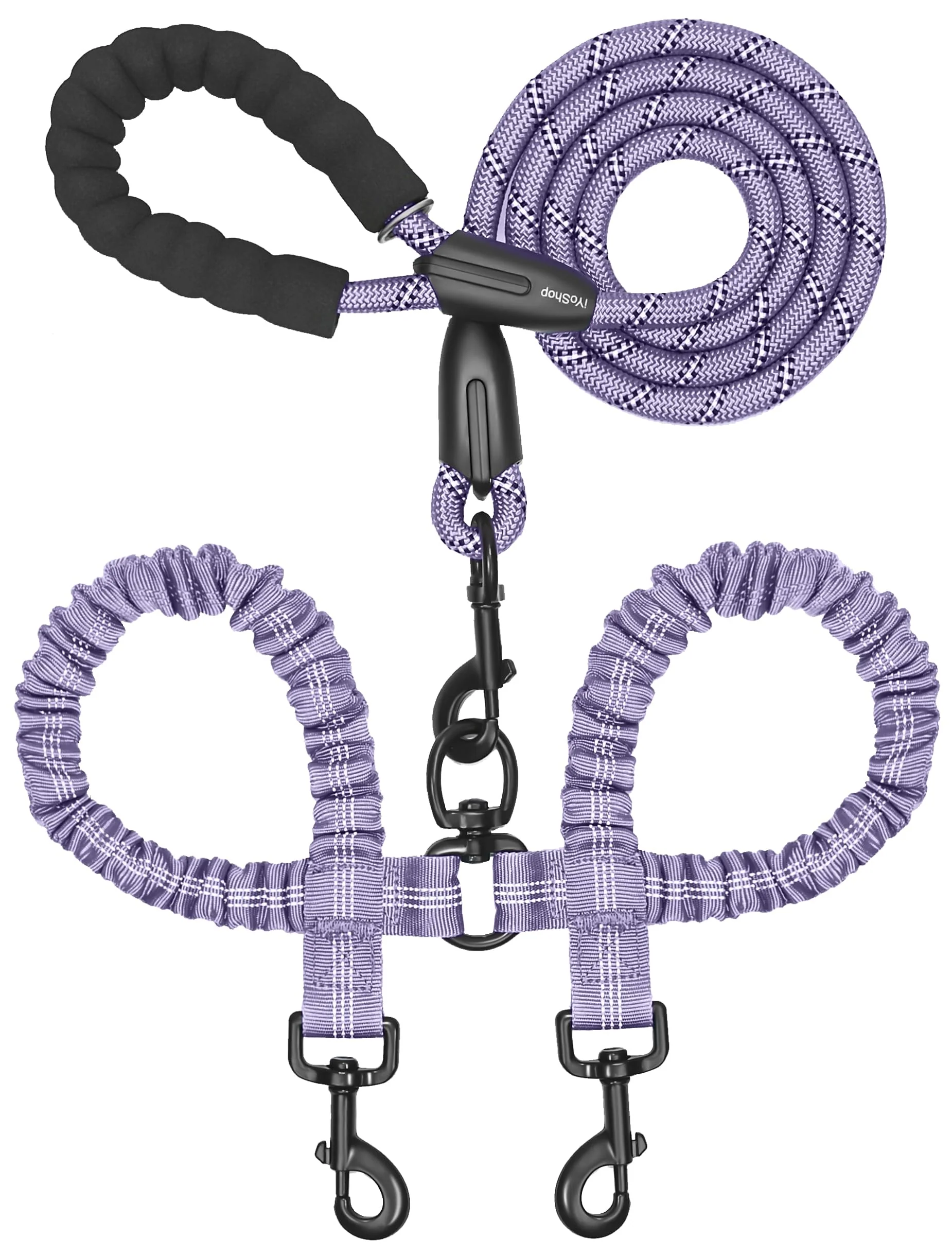 Premium iYoShop Dual Dog Leash – 360° Swivel No-Tangle Shock-Absorbing Bungee Large 25–150 lbs Lavender Enhanced