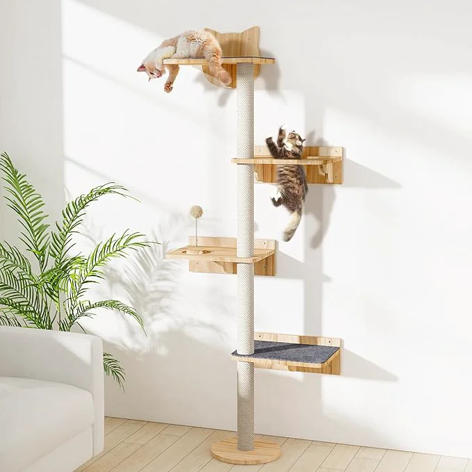 Breathable Wall Mounted Cat Tree with 2pcs Non-Slip Carpet Cat Wall Shelf ClimbingTower Versatile