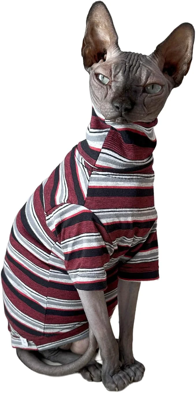 Fashionable Vintage Stripes Sphynx Hairless Cats Shirt Cotton Cat Turtleneck Pet Clothes Authentic