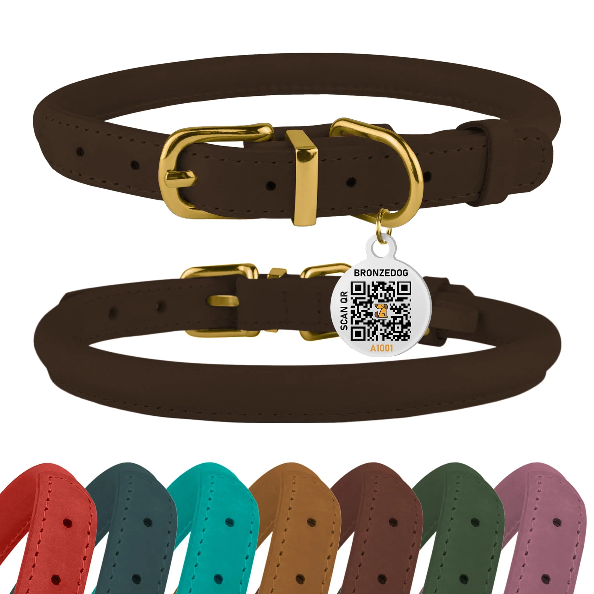 Classic BronzeDog Rolled Leather Collar with QR ID Tag — Adjustable 16-19 inch Neck Brown Proven