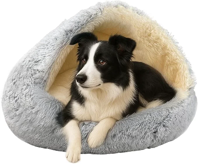 Exclusive ShinHye Round Plush Fluffy Hooded Cat Bed Cave Cozy Lightweight