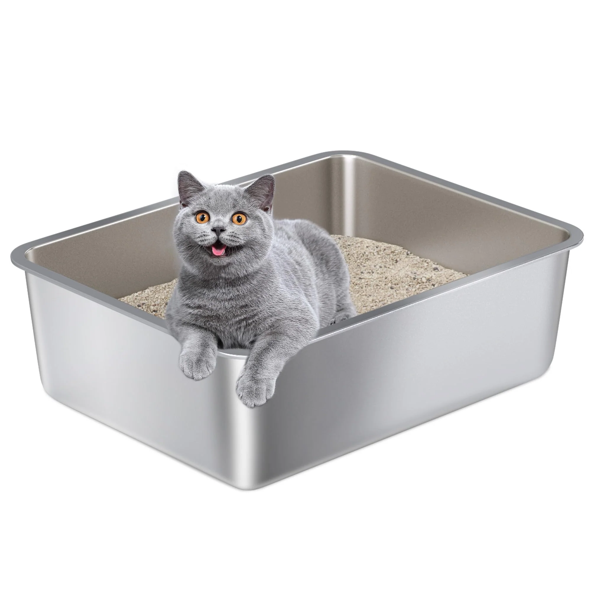 High-Grade Nyutu Stainless Steel Litter Box – 6-inch High Sides Open Design Easy Clean Dependable