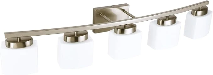 Sustainable 5 Light Brushed Nickel Vanity Lighting Fixture with Milky White Glass Shade for Bathroom Over Mirror 40 InchesAbout ThisOverview Lightweight