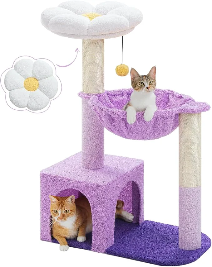 Optimized Purple Flower Cat Tree for Small Indoor Cats w Large Metal Frame Hammock Minimalist