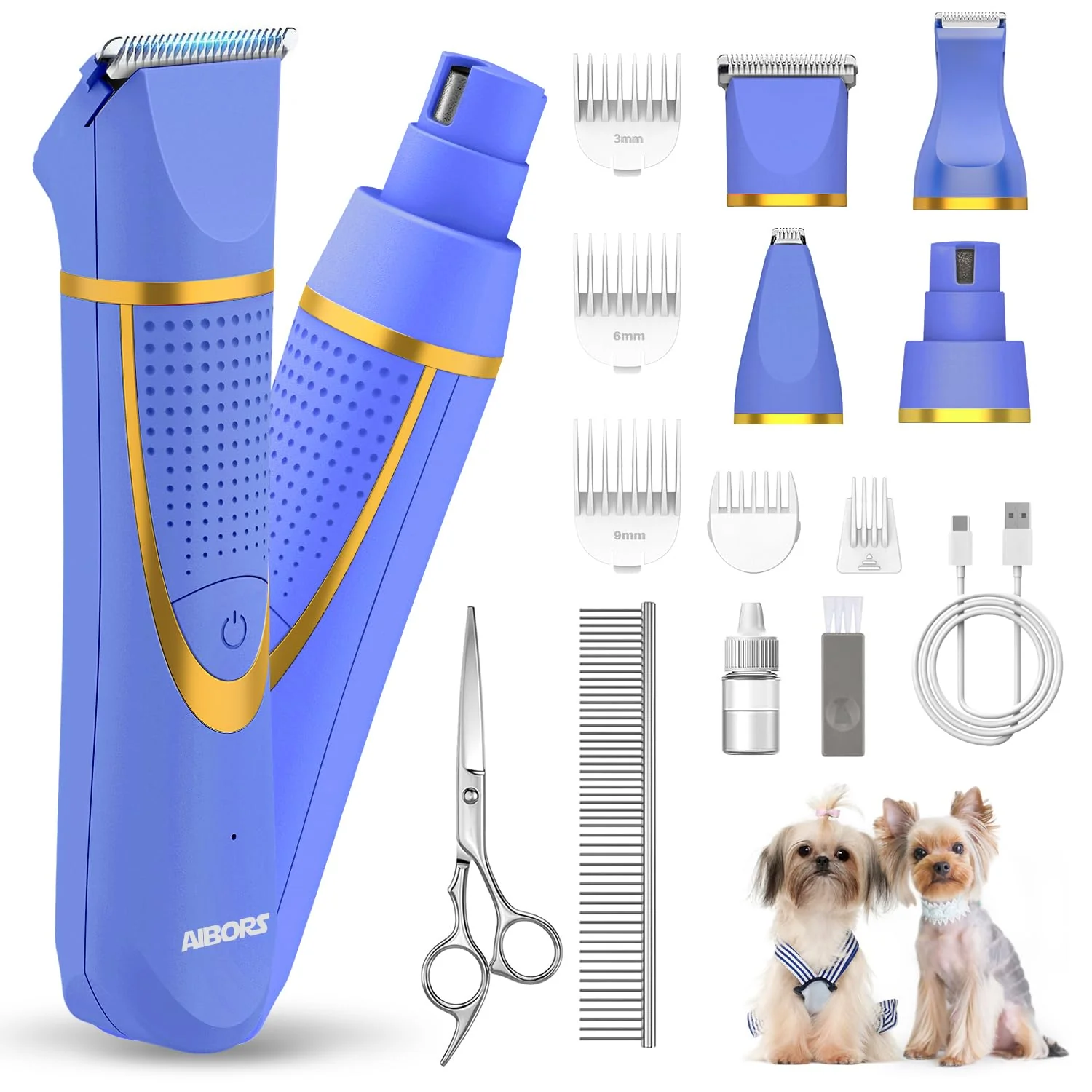 Superior AIBORS 4-in-1 Small Dog Grooming Kit — Cordless Low-Noise Trimmer Nail Grinder Elite