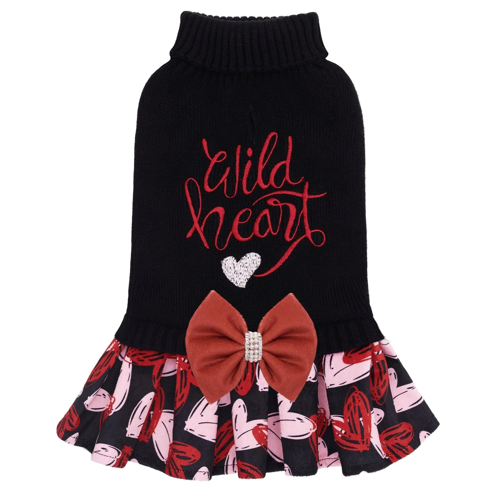 Reliable CuteBone Core Spun Dog Sweater Dress for Small Dogs – Leash Hole Wild Heart Embroidery Turtleneck Medium Enhanced