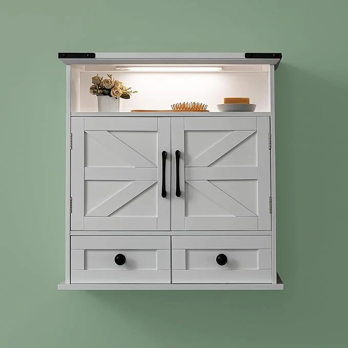 Stylish Bathroom Wall Cabinet 23x25 Inch Farmhouse Medicine Cabinet Over Toilet with Drawer 2 Doors Motion Lighting Adjustable Shelves White Above Toilet Storage for Laundry KitchenAbout ThisOverview Dependable