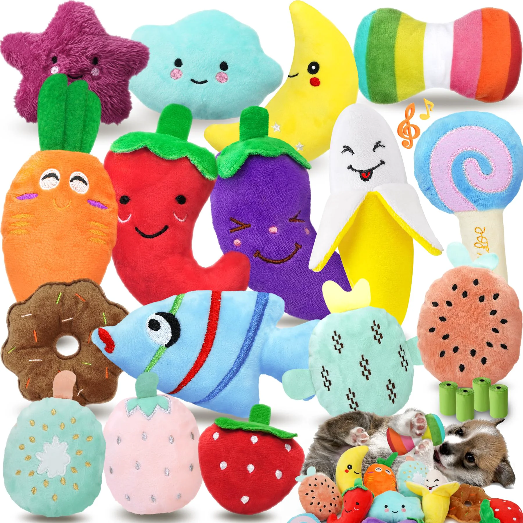 Smooth QTwoof Cheerful 20-Pack Squeaky Dog Toys Set — Plush Toys Bags for Small Dogs Interactive Play Classic