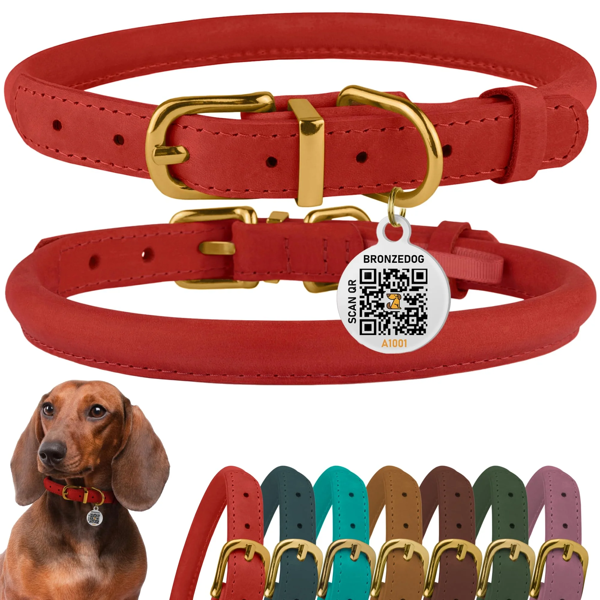 Crafted BronzeDog Rolled Leather Collar with QR ID Tag – Adjustable 16–19 inch Neck 3 4 inch Wide Classic Red Long-Lasting