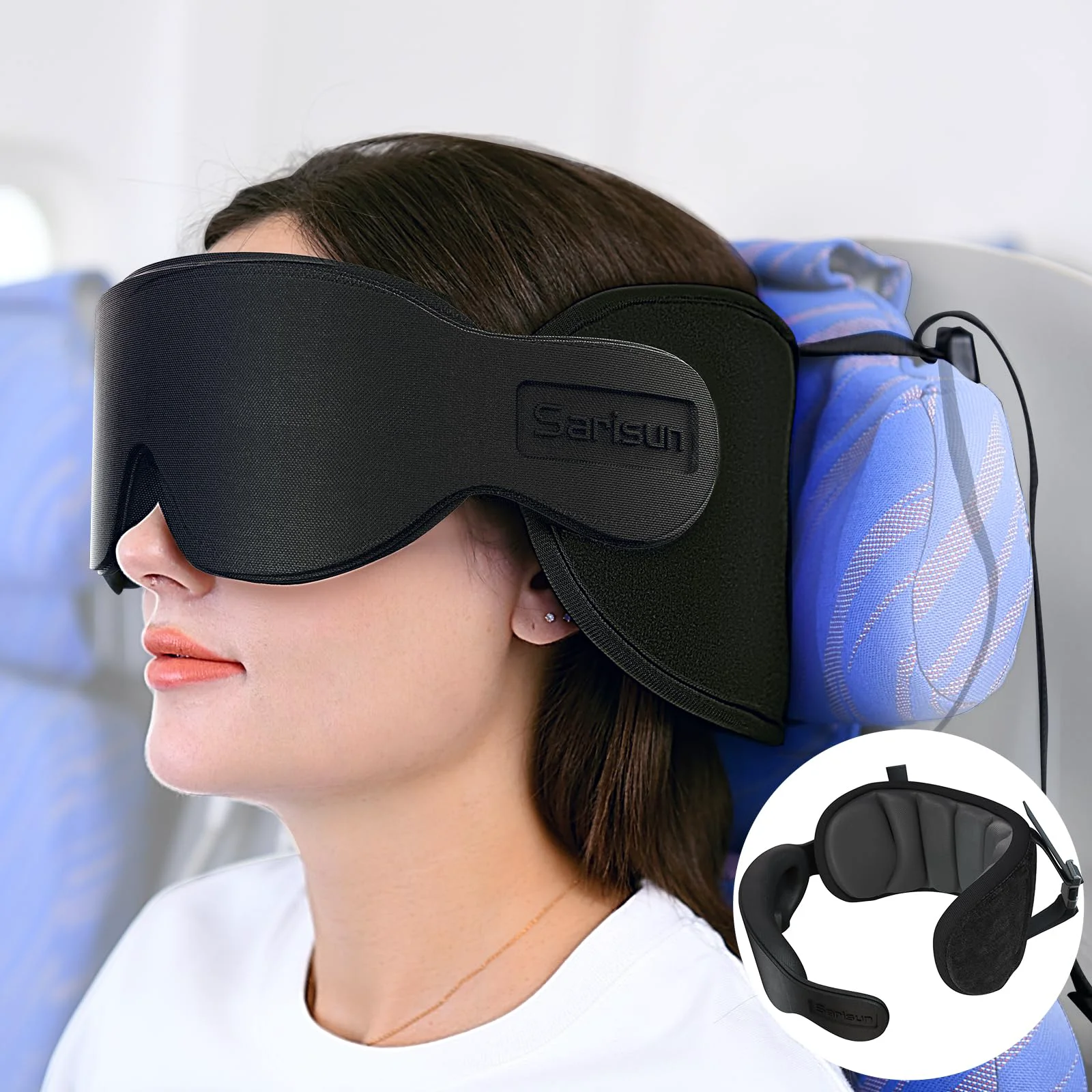 First-Class SARISUN Travel Pillow with Seat Strap – 360° Headrest Support Integrated 3D Eye Mask Stop Bobblehead Design Consistent