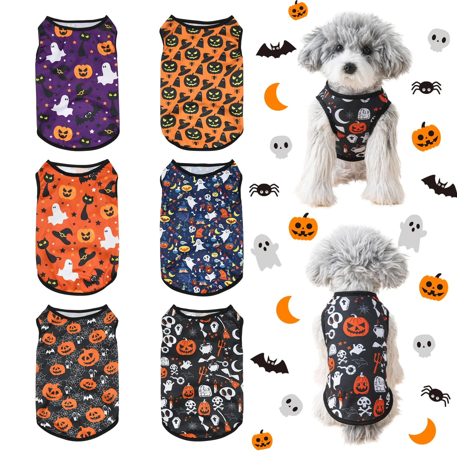 Certified KATOLK 6-Pack Halloween Pet Shirts for Small Dogs Cats – Soft Breathable Sleeveless Vests Happy Halloween Medium Stylish
