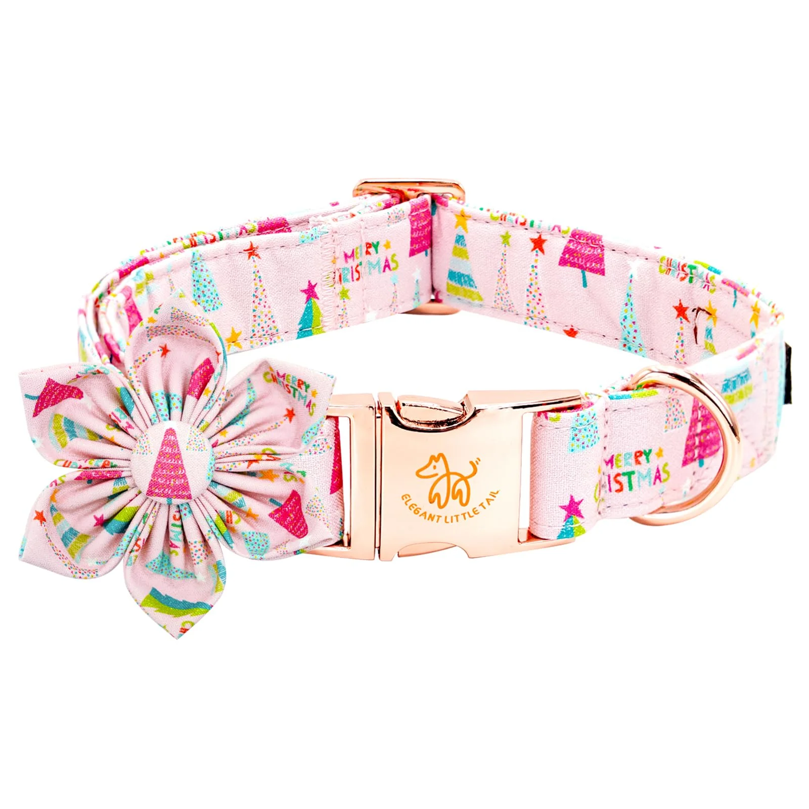 Natural Elegant Little Tail Christmas Dog Collar – Pink Flower Adjustable 16–24 in Cotton Comfort Fast